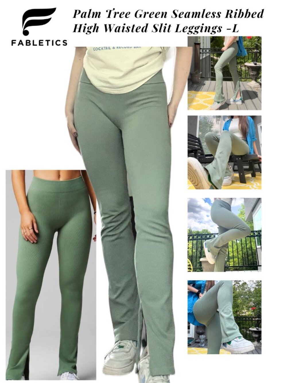 Fabletics Palm Tree Green Seamless Ribbed High Waisted Slit Leggings -L